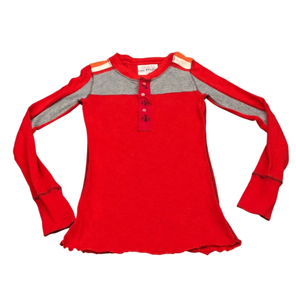 Free People Henley Top Womens Small Red Colorblock Waffle Thermal Long Sleeve